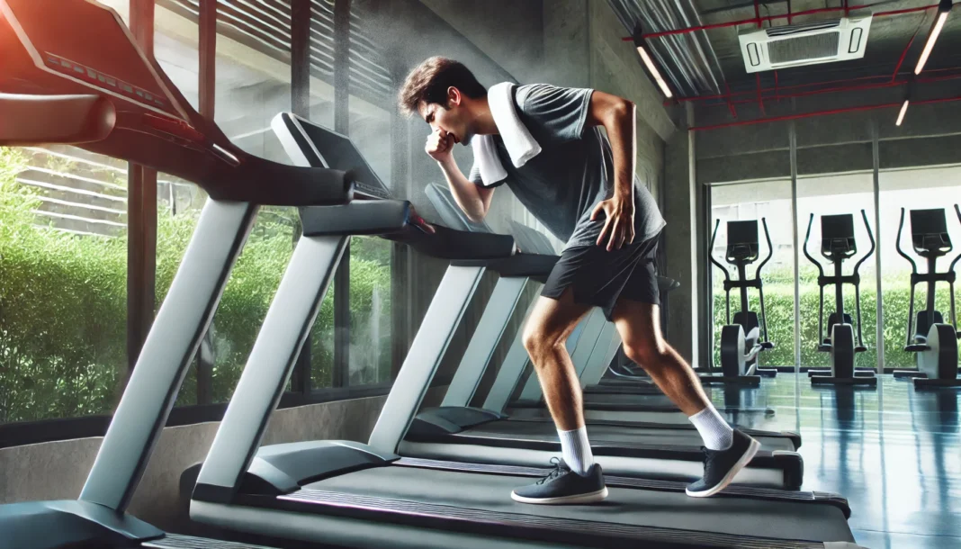 A person struggling to run on a treadmill, appearing out of breath and exhausted, in a modern gym setting. Exercise machines are visible in the background, emphasizing poor cardiovascular fitness.