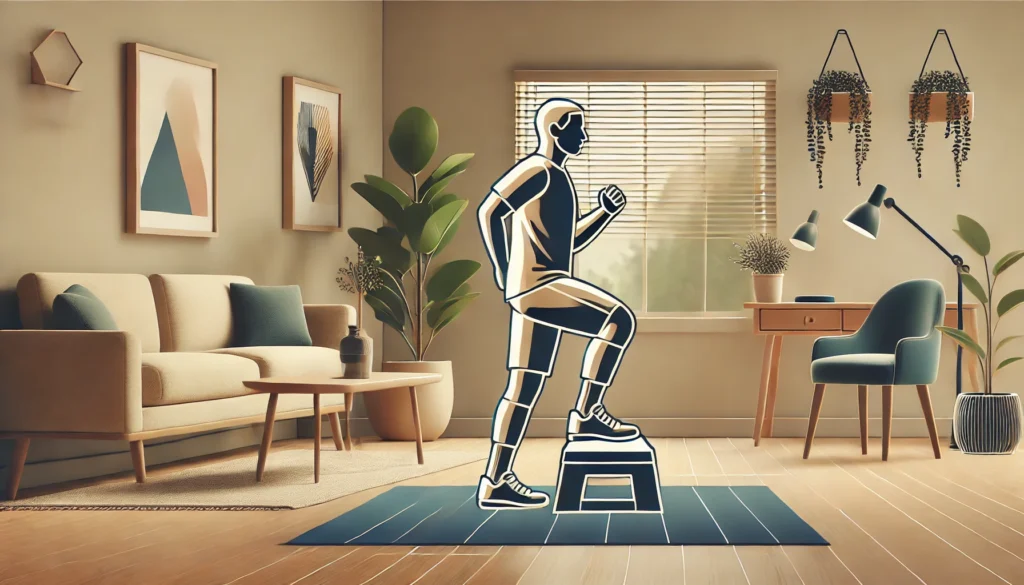 A person performing low-impact aerobic exercises, such as step-taps and knee lifts, in a small indoor setting, showcasing a gentle yet effective cardio workout for confined spaces.