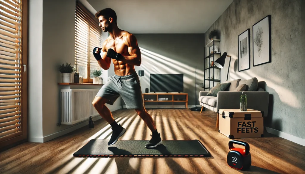 A fit individual executing a space-efficient cardio routine, such as shadowboxing or fast feet, in a well-lit home environment, demonstrating an effective limited-space workout.