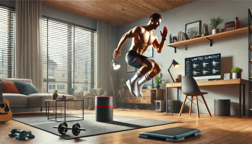 A high-energy indoor workout scene with an individual performing dynamic aerobic exercises like jumping jacks or high knees in a compact apartment space, emphasizing fat loss and endurance.