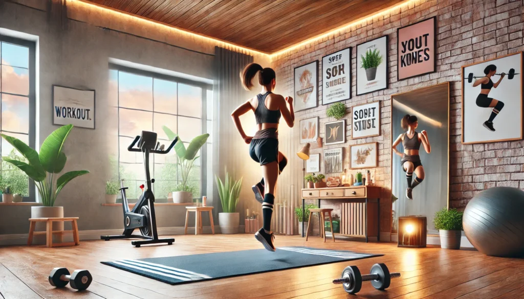 An inspiring home workout space featuring a person performing intense cardio moves like high knees or jumping jacks. The room is decorated with a large mirror, plants, and fitness posters, emphasizing motivation and endurance.