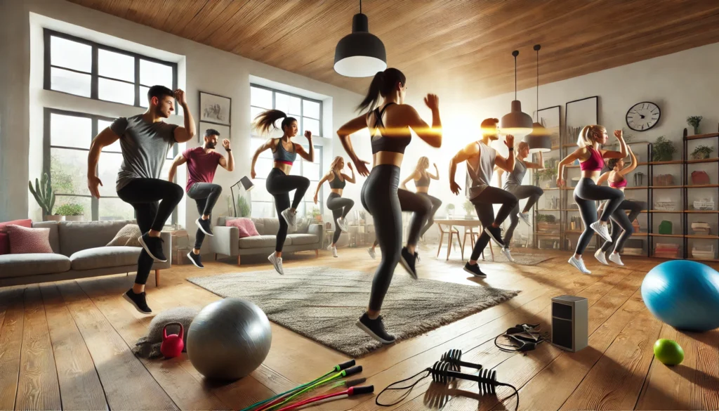 A dynamic home workout scene with multiple people performing a synchronized high-intensity aerobic routine. The room is equipped with stability balls, resistance bands, and jump ropes, radiating energy and teamwork.