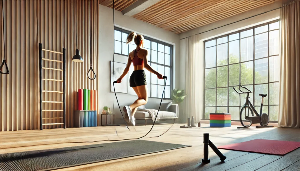 A person doing a jump rope workout in a bright and modern indoor fitness space. The room features a workout mat, resistance bands, and a large window letting in natural sunlight, emphasizing high-energy cardio exercise.