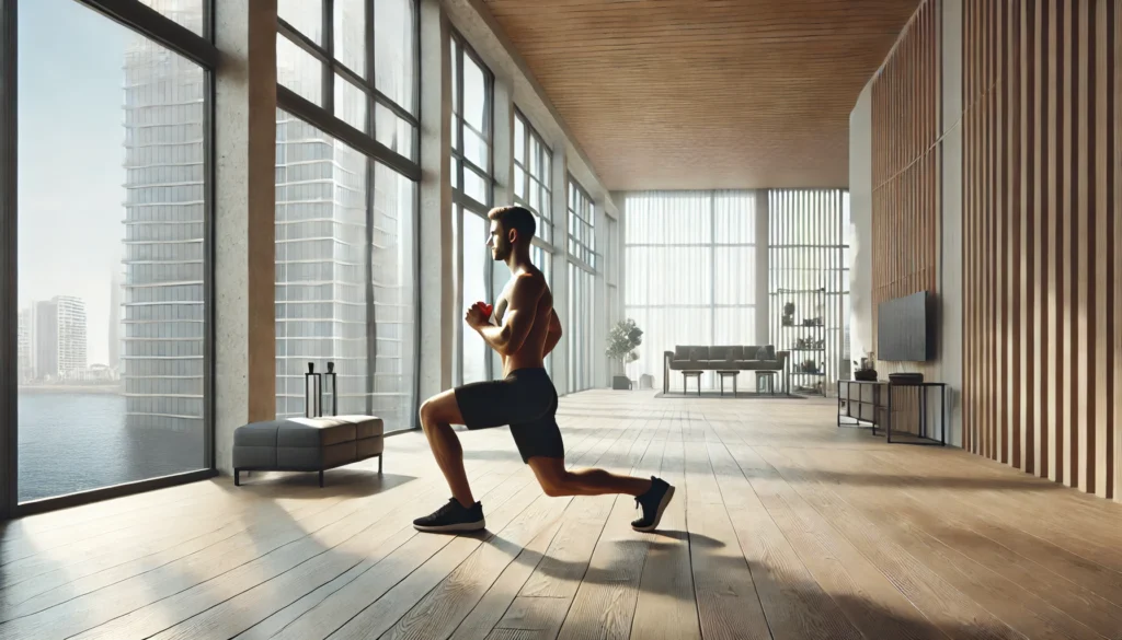 A fit individual performing lunges in a bright and spacious indoor workout environment. The setting includes large windows, wooden flooring, and a minimalist design, emphasizing an effective standing cardio move for lower body strength and cardiovascular health.

