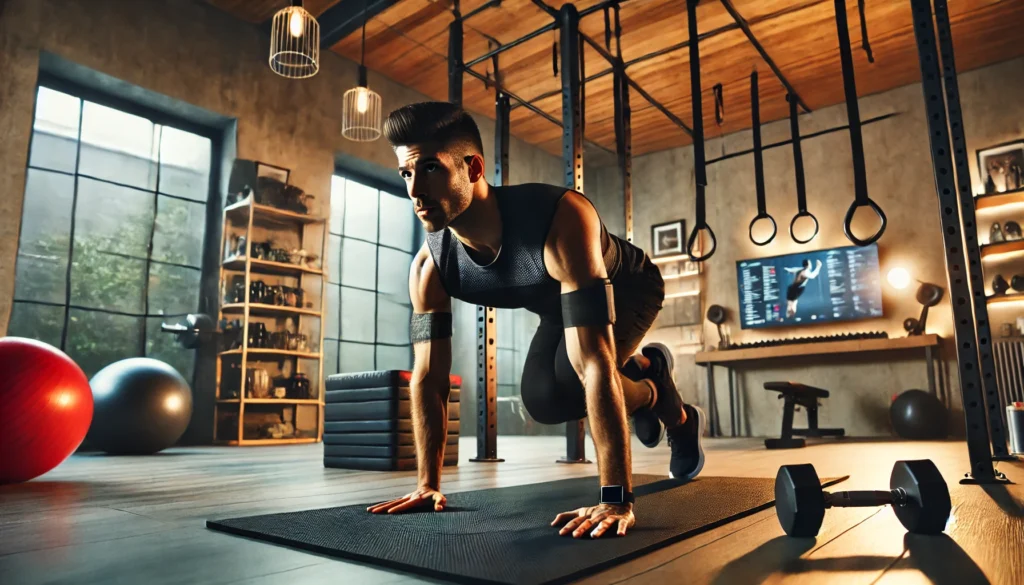 A determined athlete executing burpees in a stylish home gym. The space is equipped with modern fitness gear, a workout mat, and motivational lighting, showcasing an intense full body cardio session focused on strength and endurance.

