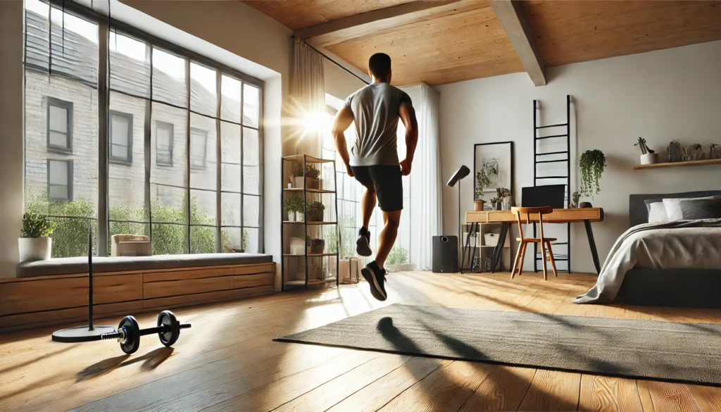 A person actively performing jumping jacks in a bright and spacious home workout area. The room features wooden flooring, large windows letting in natural light, and a minimalist fitness decor, emphasizing a dynamic full body aerobic workout.

