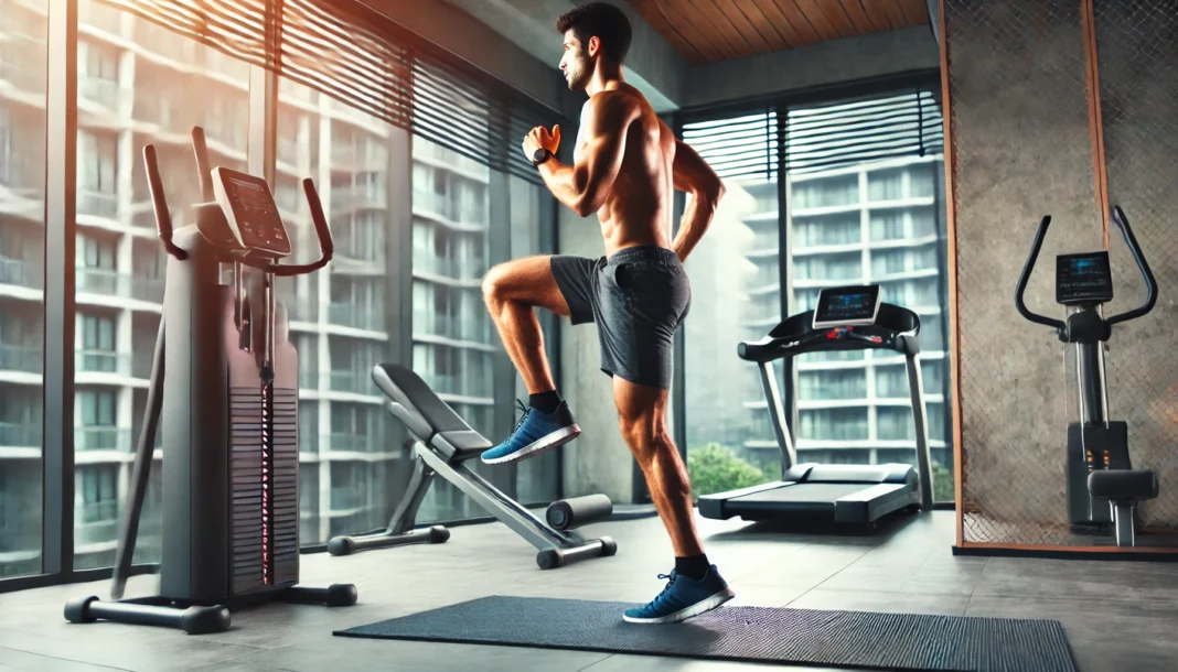 A fit individual performing high knees in a well-lit indoor gym. The setting includes a workout mat and modern fitness equipment, highlighting an energetic full body cardio workout designed to boost endurance and burn calories.