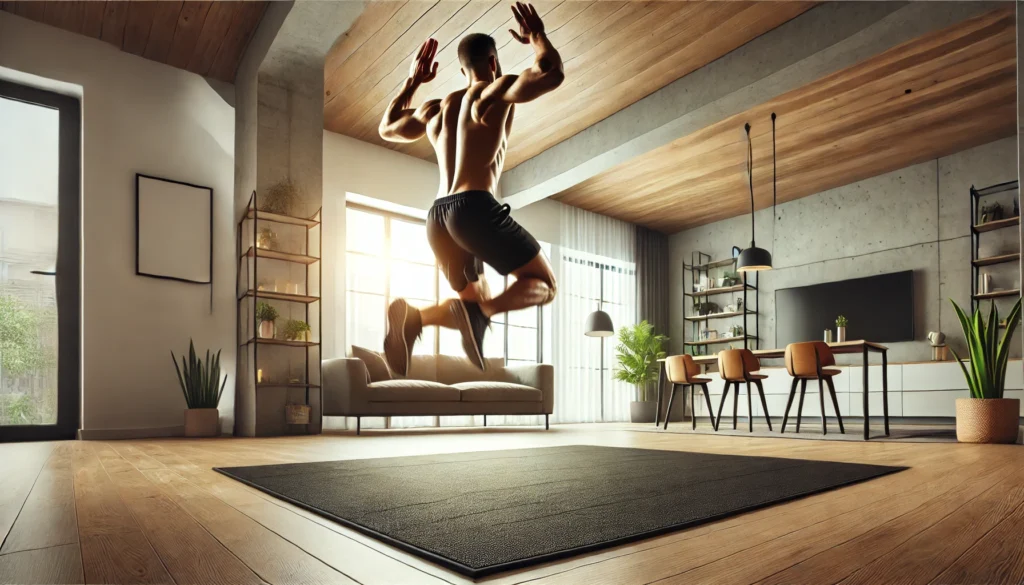 A fit individual executing an intense burpee exercise in a contemporary home fitness environment, showcasing a full-body cardio workout to strengthen the heart and lungs.

