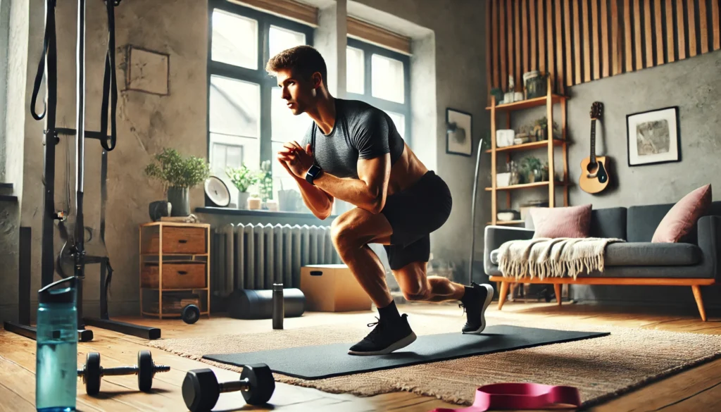 A fit individual performing a fast-paced mountain climber exercise in a home workout space, building endurance and increasing heart rate through an intense cardio session.

