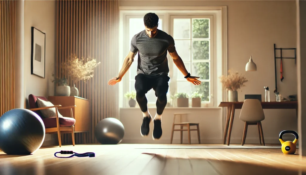 A focused athlete engaged in a vigorous jumping jacks session in a bright home gym, demonstrating a fun and effective at-home cardio exercise for cardiovascular fitness.

