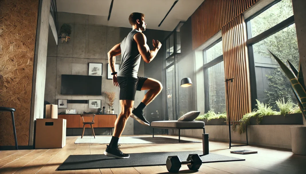 A fit individual performing an energetic high knees exercise in a modern home setting, engaging in an intense at-home cardio workout to improve heart and lung strength.