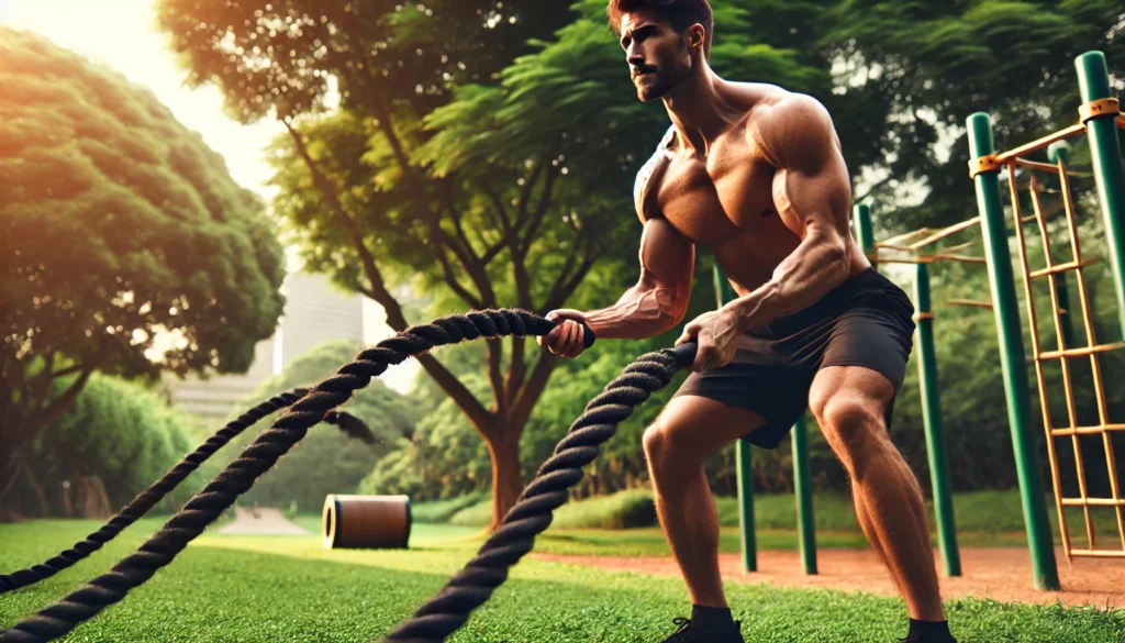 A fit man performing battle rope exercises in an outdoor park, his muscles engaged as he swings the ropes forcefully, demonstrating endurance and functional strength.