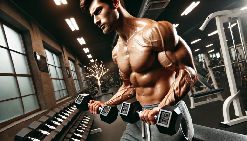 A muscular man lifting heavy dumbbells during an intense strength training session in a professional gym, sweat glistening under the gym lights, highlighting effort and power.