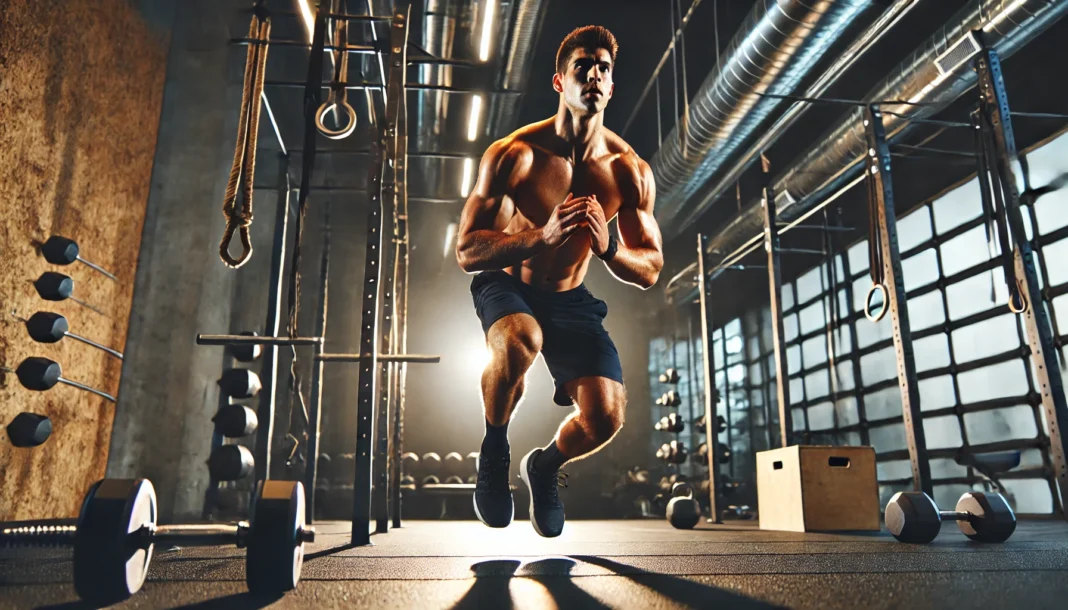 A fit, muscular man performing an intense high-intensity interval training (HIIT) workout in a modern gym, mid-motion doing burpees, surrounded by functional fitness equipment.