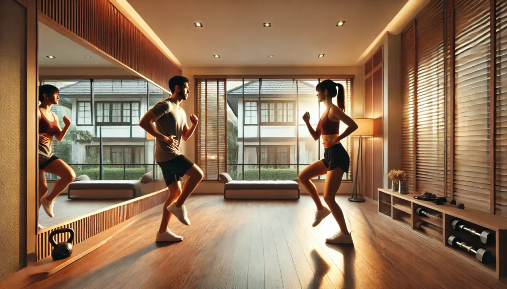A spacious and well-lit home fitness area where a couple is performing synchronized low-impact cardiovascular exercises, creating a motivating environment for a light aerobic workout at home.