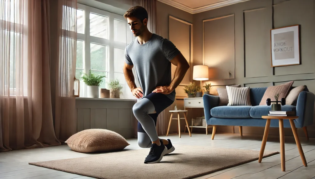 A cozy indoor space where a fit man is engaged in a non-impact cardio exercise, demonstrating controlled movements on a soft workout mat, showcasing a gentle yet effective at-home aerobic session.