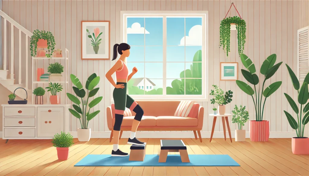 A peaceful living room where a fit woman is performing a low-impact cardio workout, focusing on balance and flexibility, with natural lighting and a calming atmosphere that highlights home-based fitness.