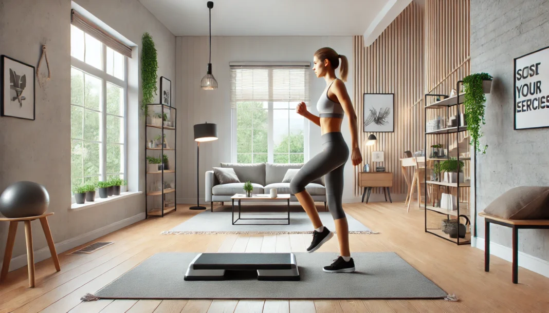 A bright and modern home gym setup featuring a fit woman performing a low-impact aerobic exercise, surrounded by yoga mats, resistance bands, and dumbbells, emphasizing a light aerobic workout at home.