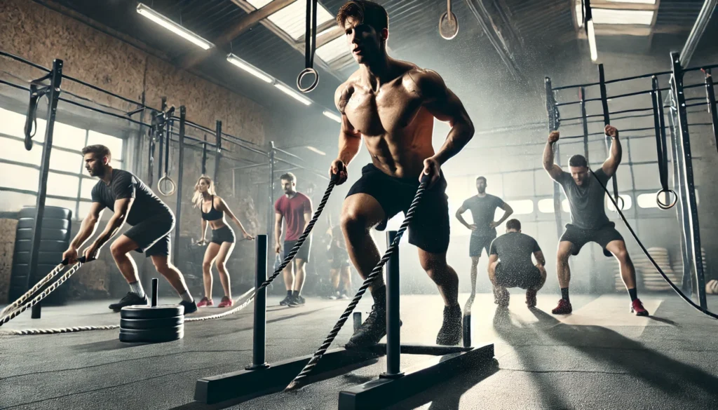 A high-energy CrossFit Metcon circuit workout featuring sled pushes, jump rope double-unders, and deadlifts, capturing the raw strength, effort, and fast-paced intensity of the workout.