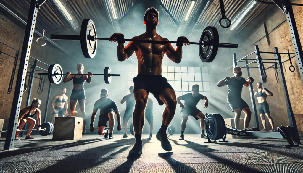 An intense CrossFit Metcon WOD session in an industrial-style gym where athletes are doing Olympic lifts, burpees, and rowing, with dramatic lighting highlighting their strength and endurance. 