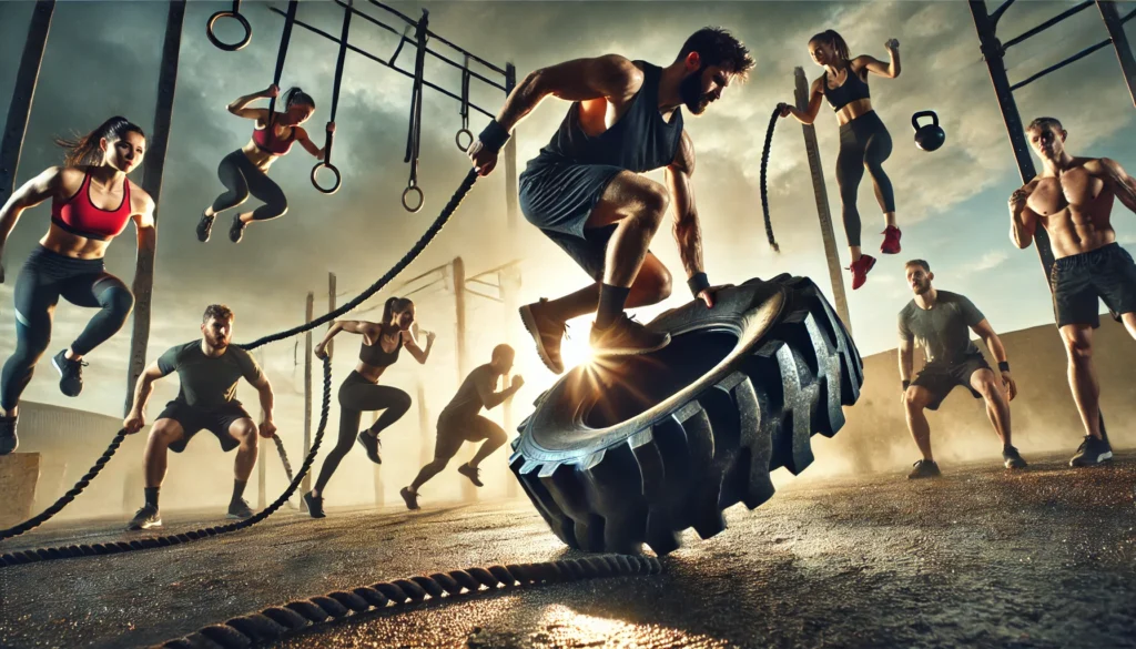 A dynamic outdoor CrossFit Metcon workout session with athletes flipping tires, sprinting with resistance bands, and engaging in rope climbs and kettlebell swings. 