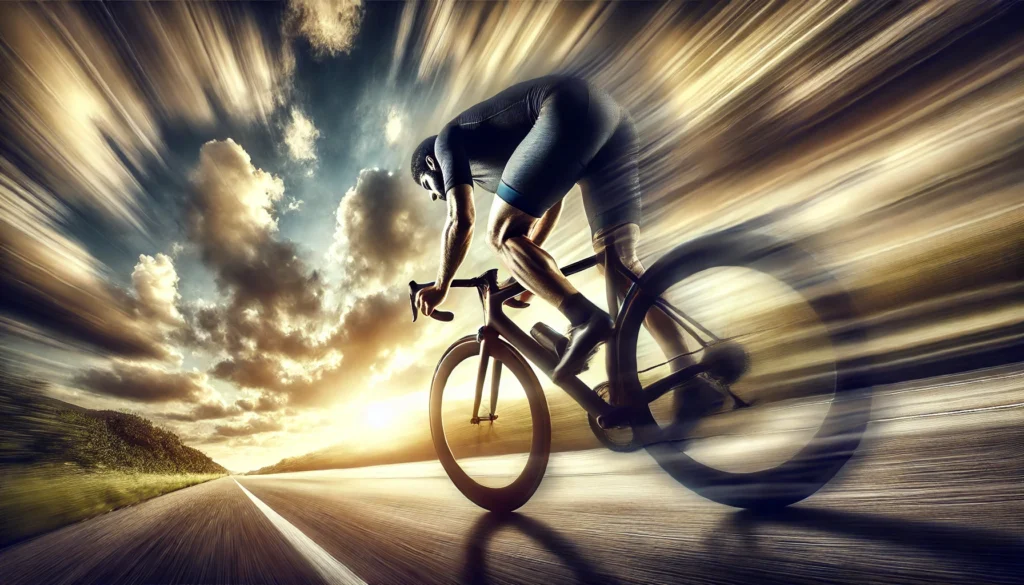 Intense Cycling Endurance Session: A professional cyclist riding at full speed on an open road, captured with motion blur and golden sunlight breaking through clouds to highlight long-distance stamina.

