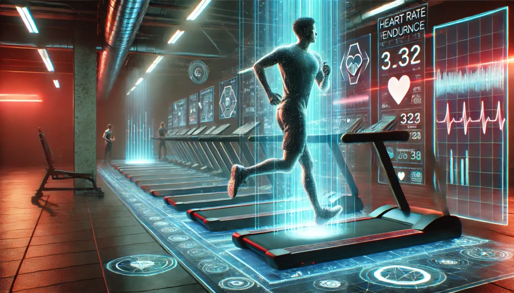 Futuristic Treadmill Training: An athlete in a neon-lit gym running on a high-tech treadmill with holographic performance metrics, emphasizing digital enhancements in endurance workouts.


