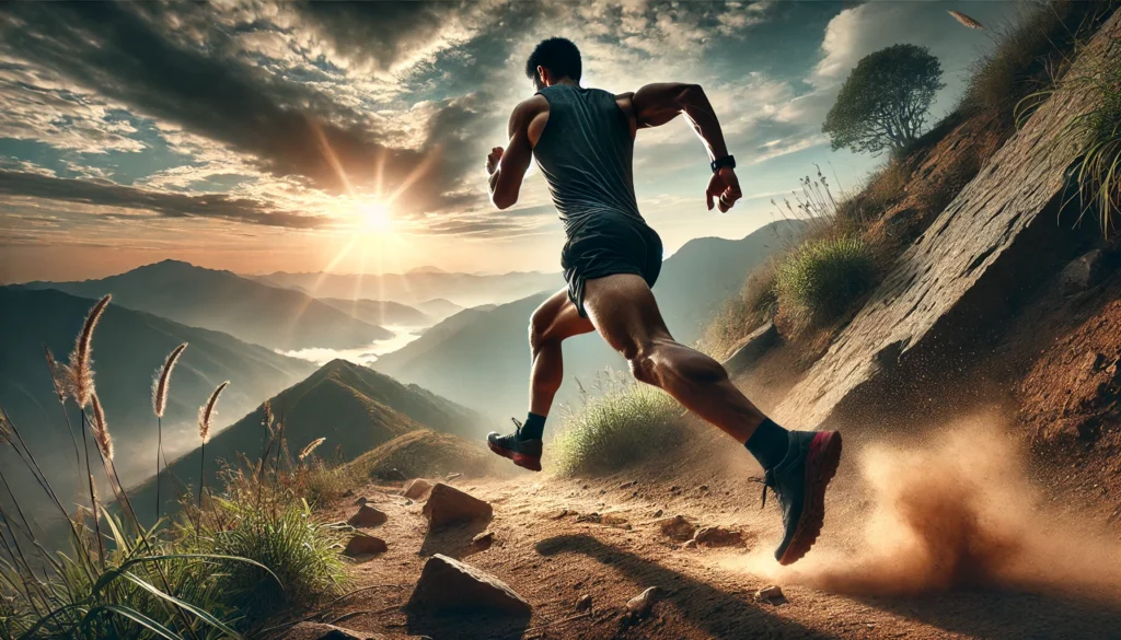 Extreme Outdoor Endurance Running: A runner mid-stride on a rugged mountain trail at sunrise, showcasing powerful leg muscles, resilience, and determination in an outdoor setting.

