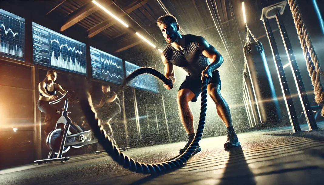 High-Energy Gym Cardio Training: A determined athlete performing intense cardio exercises like battle ropes and cycling in a high-tech fitness center, highlighting stamina and sweat-drenched effort.