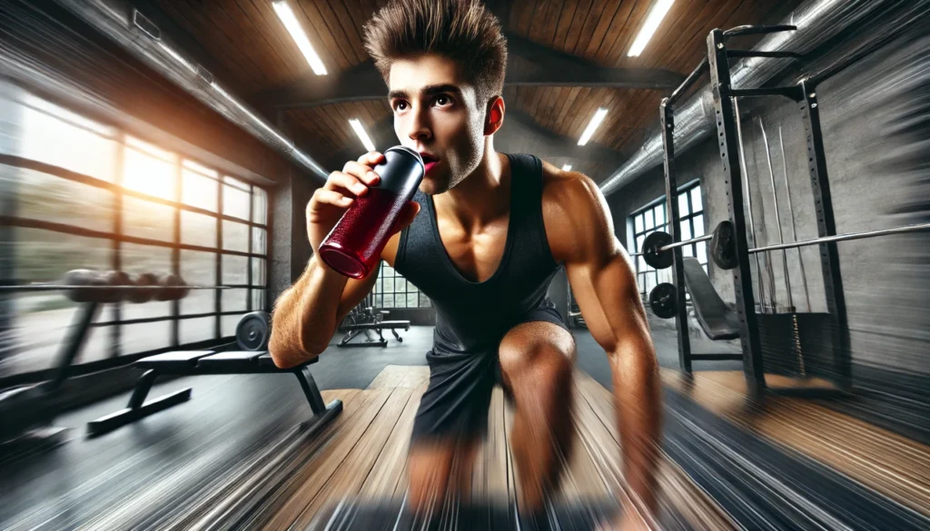 A high-energy action shot of a fitness enthusiast taking a sip of an energy drink before an intense workout. The blurred gym setting in the background emphasizes the athlete’s determined expression and captures a sense of motion and energy, symbolizing the pre-workout boost.