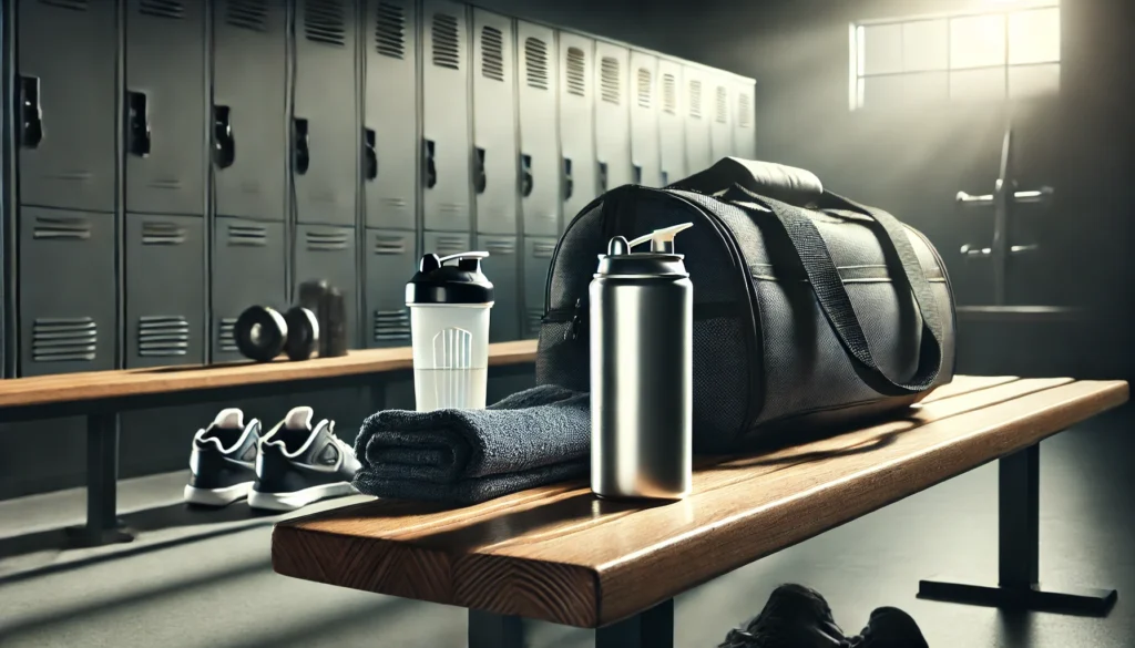 A gym locker room bench with a gym bag, shaker bottle, and an energy drink can placed on top. The lighting highlights the metallic can, and the gym environment in the background is slightly out of focus, creating an immersive fitness atmosphere.