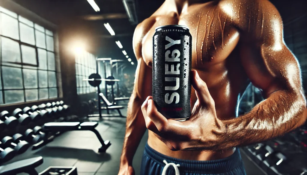 A close-up of a muscular athlete gripping a cold energy drink can in a gym setting. Condensation is visible on the can, with a blurred background showcasing workout equipment, emphasizing the connection between energy drinks and fitness performance.