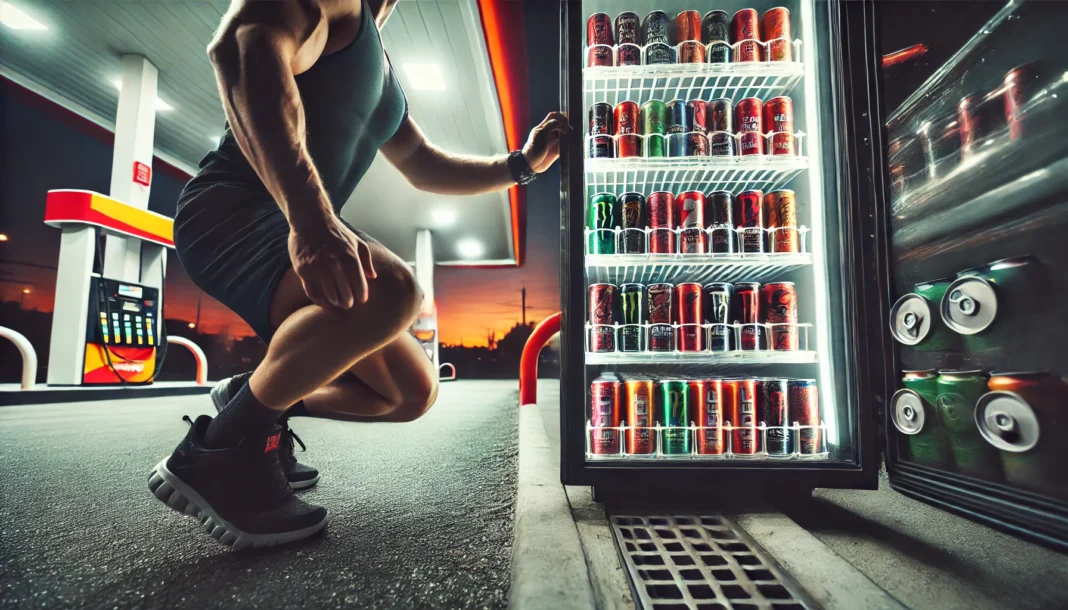 A dynamic gas station scene at dusk, featuring a well-stocked energy drink cooler with colorful cans. A fitness enthusiast reaches for a pre-workout energy drink, with bright cooler lighting contrasting against the dimly lit gas station ambiance.