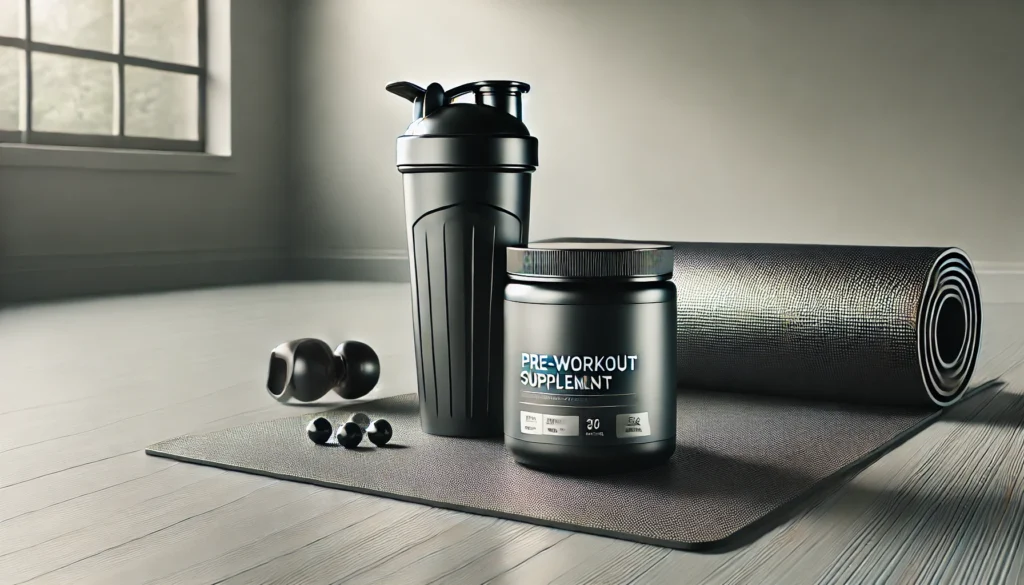A stylish fitness setup featuring a sleek pre-workout supplement container and a shaker bottle placed on a yoga mat. The scene is clean and minimalistic, evoking a sense of health, wellness, and fitness preparation.