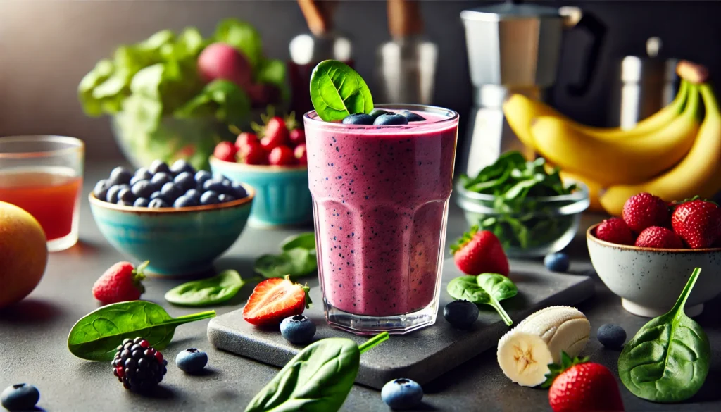 A close-up shot of a vibrant pre-workout smoothie in a stylish glass, surrounded by fresh ingredients like berries, bananas, and spinach on a sleek kitchen counter. The setting conveys a healthy and energizing lifestyle.