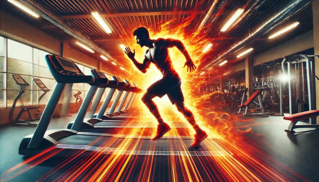 A fit athlete sprinting on a treadmill in a modern gym, engulfed in a fiery aura that symbolizes intense calorie burn, endurance, and high energy levels.