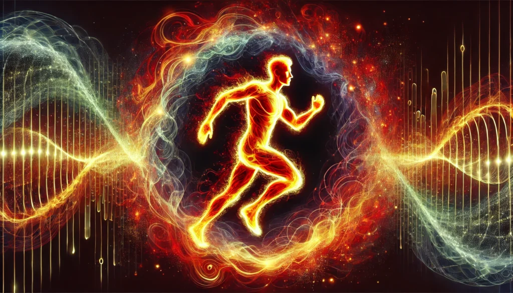 A futuristic visualization of human metabolism, depicting a glowing athlete surrounded by swirling energy waves in red, orange, and yellow hues, representing fat burning and peak performance.