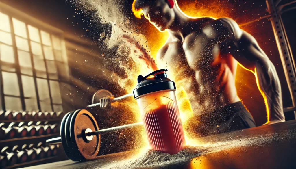 A close-up of a pre-workout supplement being mixed in a shaker bottle, with powder swirling into the liquid, illuminated by a fiery glow representing increased metabolism and energy boost.