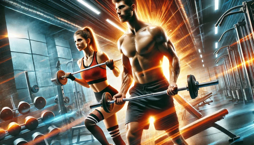 A high-energy gym scene featuring a fit man and woman lifting weights with intense focus. The atmosphere is illuminated with a fiery glow, symbolizing thermogenesis and fat burning.