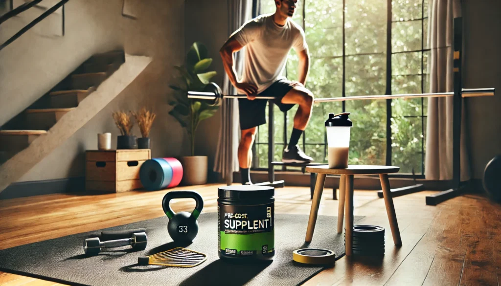 Fitness enthusiast mid-exercise in a home gym, with a budget pre-workout supplement and shaker bottle on a table, surrounded by kettlebells, a yoga mat, and resistance bands.