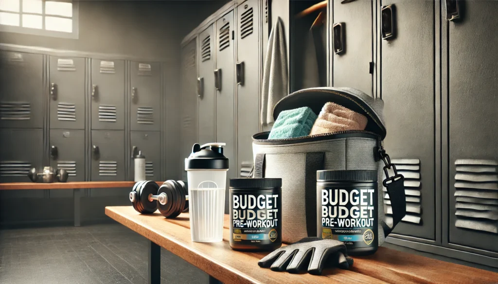 Open gym bag in a locker room containing inexpensive pre-workout supplement tubs, a shaker bottle, workout gloves, and a towel, illustrating affordable pre-workout preparation.