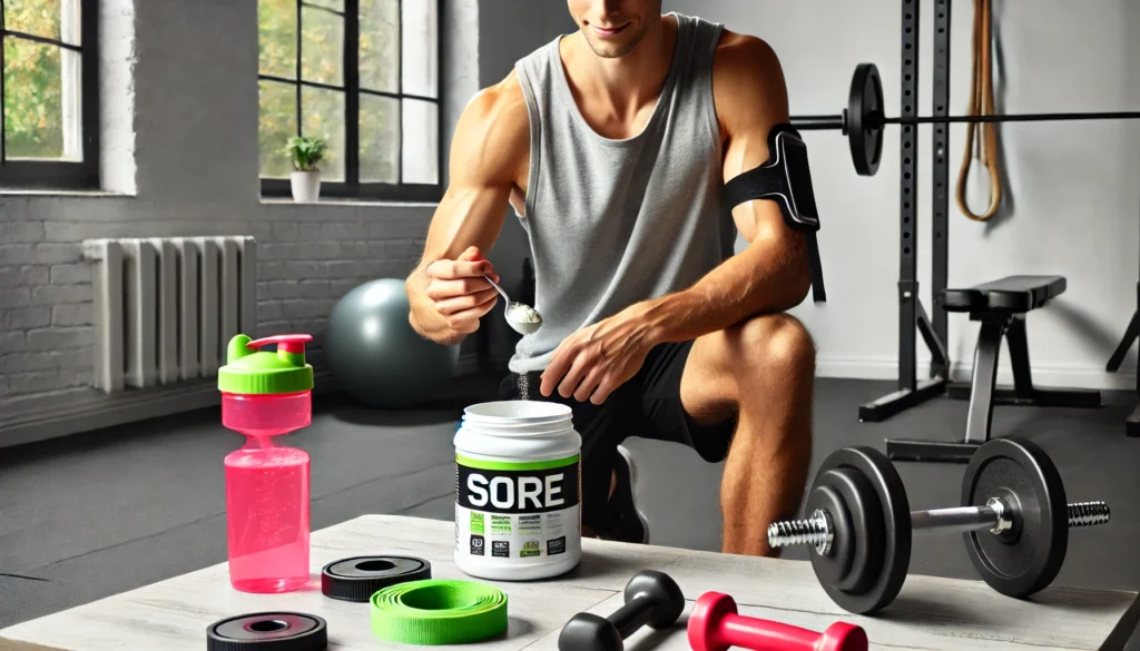 Young adult preparing budget pre-workout powder in a minimalist gym, surrounded by low-cost fitness gear such as dumbbells, resistance bands, and a reusable water bottle.