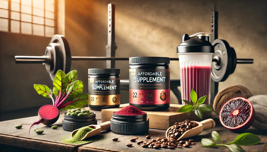 Flat lay of affordable pre-workout supplements with natural energy-boosting ingredients like beetroot and green tea on a gym bench, alongside a shaker bottle and resistance bands in a warm fitness setting.