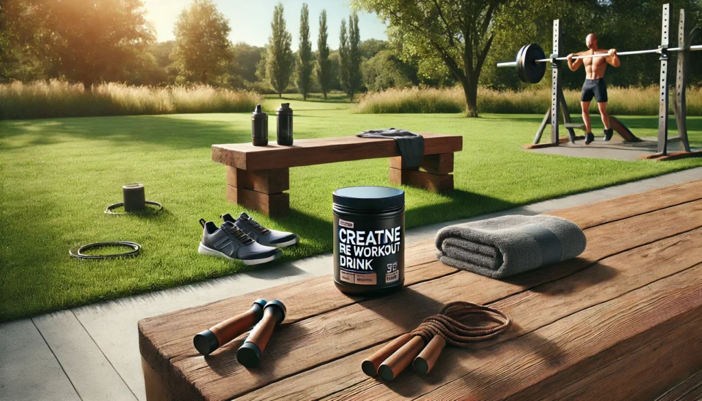 Creatine-free pre workout drink on a wooden bench in an outdoor fitness setting with minimal gear and natural greenery, evoking clean, refreshing, and energizing workout vibes.