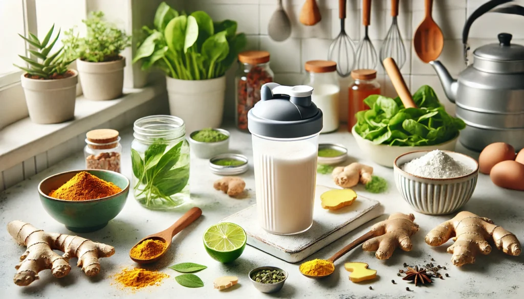 Glass shaker filled with creatine-free pre workout supplement on a clean kitchen counter surrounded by ginger, lime, turmeric, and green tea, representing natural performance support.