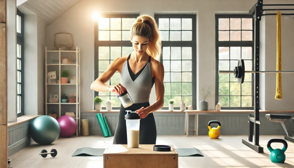 Fit woman preparing a creatine-free pre workout drink in a bright home gym, with yoga mats and kettlebells in the background, emphasizing a clean and focused training environment.