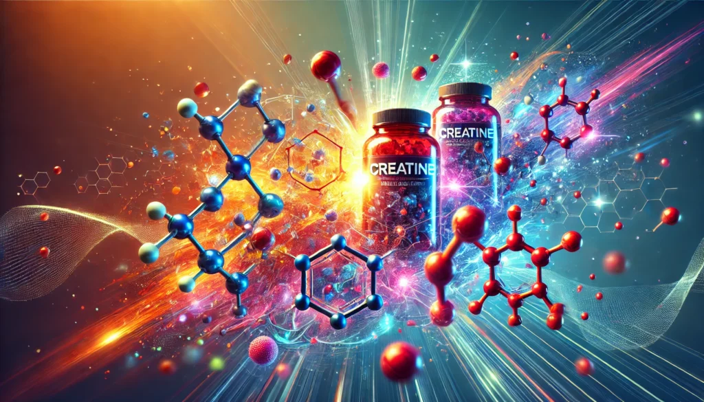 Abstract science-based visualization of creatine and pre-workout compounds merging, featuring colorful molecules and glowing energy particles on a futuristic background.

