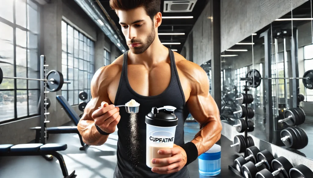 Muscular man in a gym holding creatine powder in one hand and a pre-workout shaker in the other, illustrating supplement usage before exercise.

