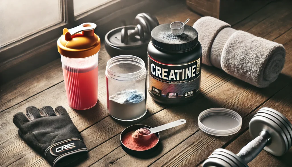 Flat lay of creatine supplement and pre-workout drink on a wooden surface with gym gloves and a towel in the background, suggesting pre-exercise supplement preparation.


