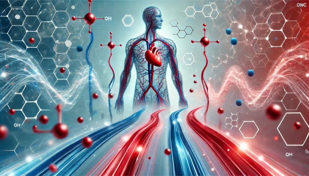 An abstract science-inspired visual showing glowing red and blue energy streams with molecular shapes, representing the physiological impact of pre-workout supplements on blood flow and sexual performance.

